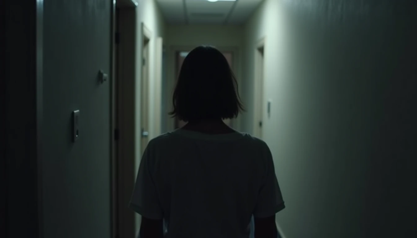Figure in narrow hallway, three-quarter view angled away, upper silhouette lost in shadow.