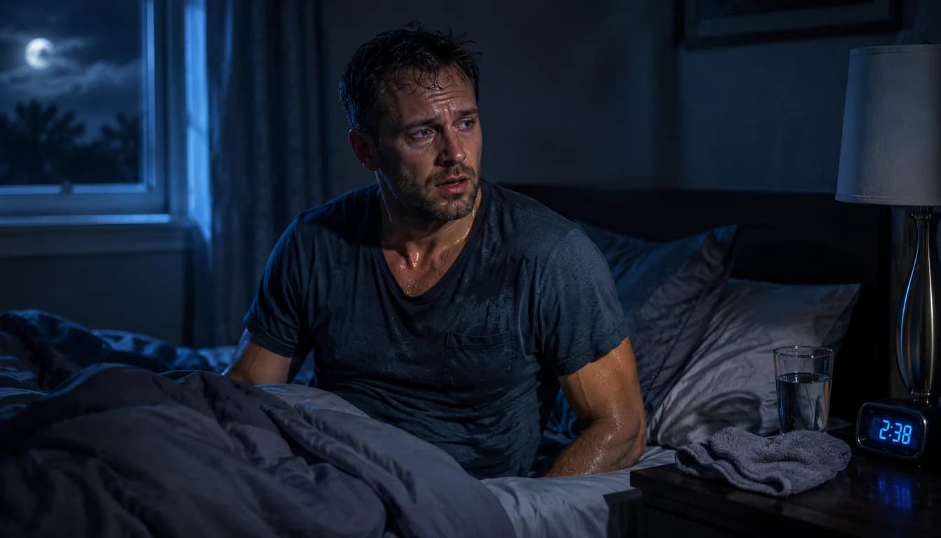 Twisted damp sheets on a bare mattress beside a glowing digital clock at 3am.