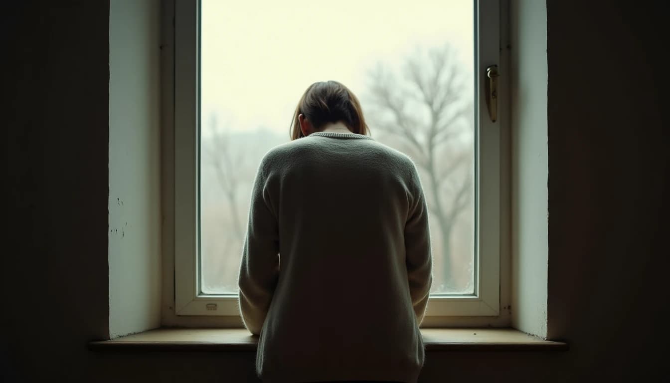 Person from behind at open window, head down, cool morning backlight on worn sweater.