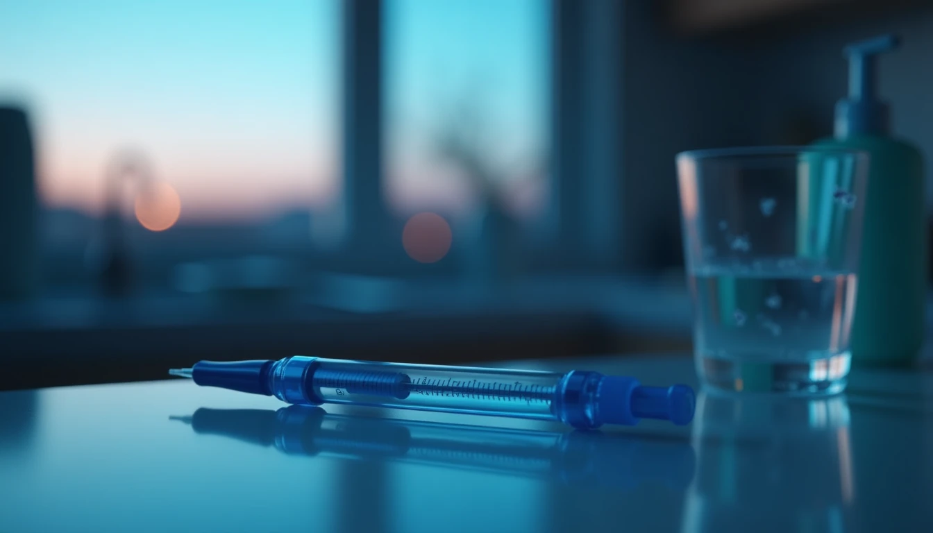 Blue injector pen and glass of water on kitchen counter at dusk with clinical lighting.