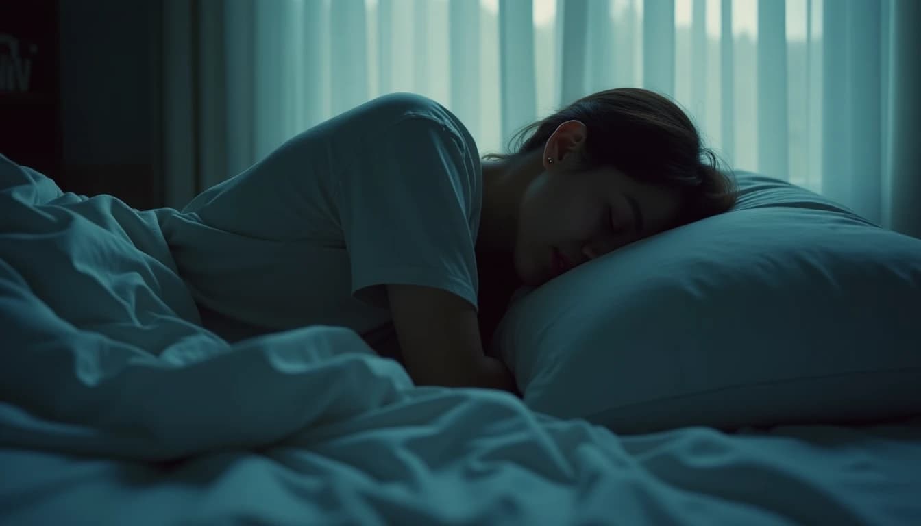 Figure resting on unmade bed in soft dawn light, wearing faded shirt, body angled away.