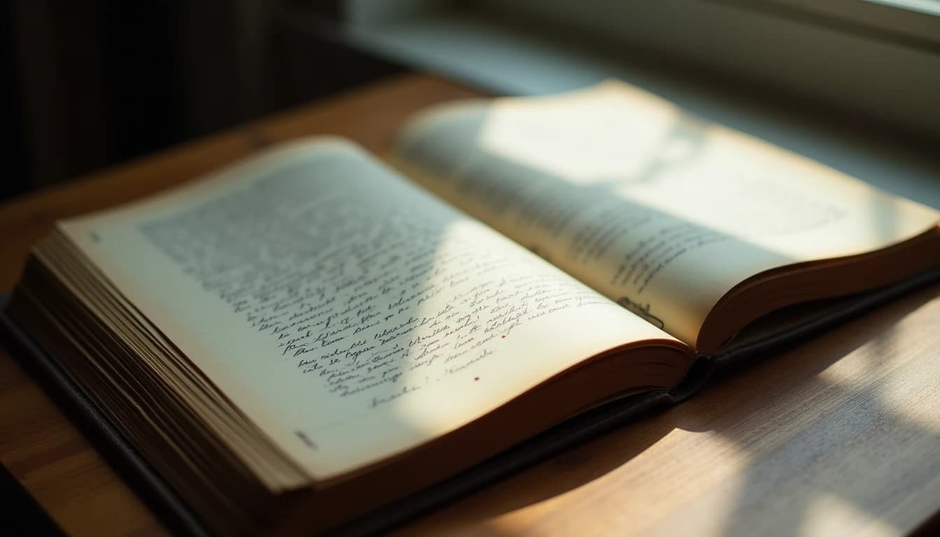 Weathered open journal with handwritten text and revisions on wooden table under morning light.