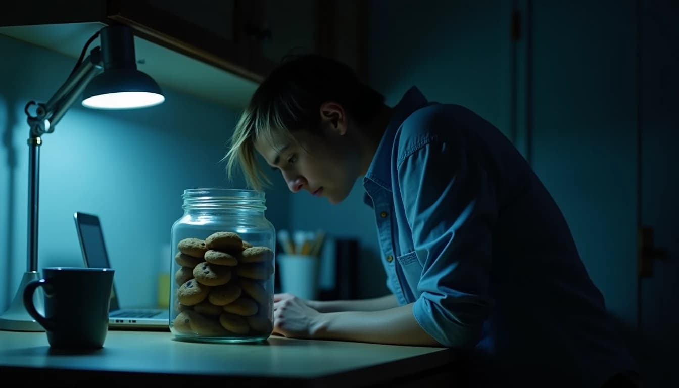 Person in rumpled shirt, head turned away, leaning toward tall glass jar under blue-gray lamp