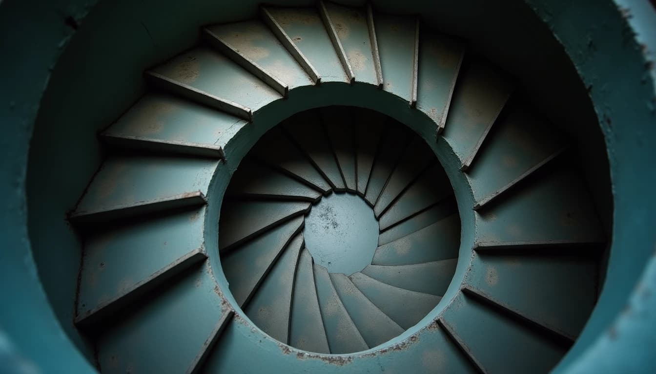 Overhead view of weathered concrete spiral staircase creating concentric shadow rings in muted grey-blue tones.