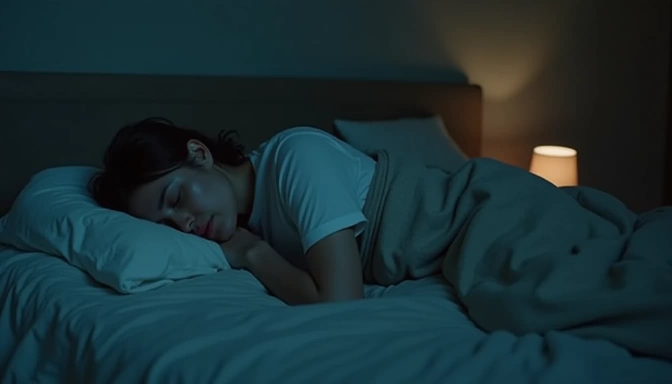 Sleeping figure on side, burrowed into pillow, cool-toned bedroom, rumpled sheets, worn blankets, soft lamplight.