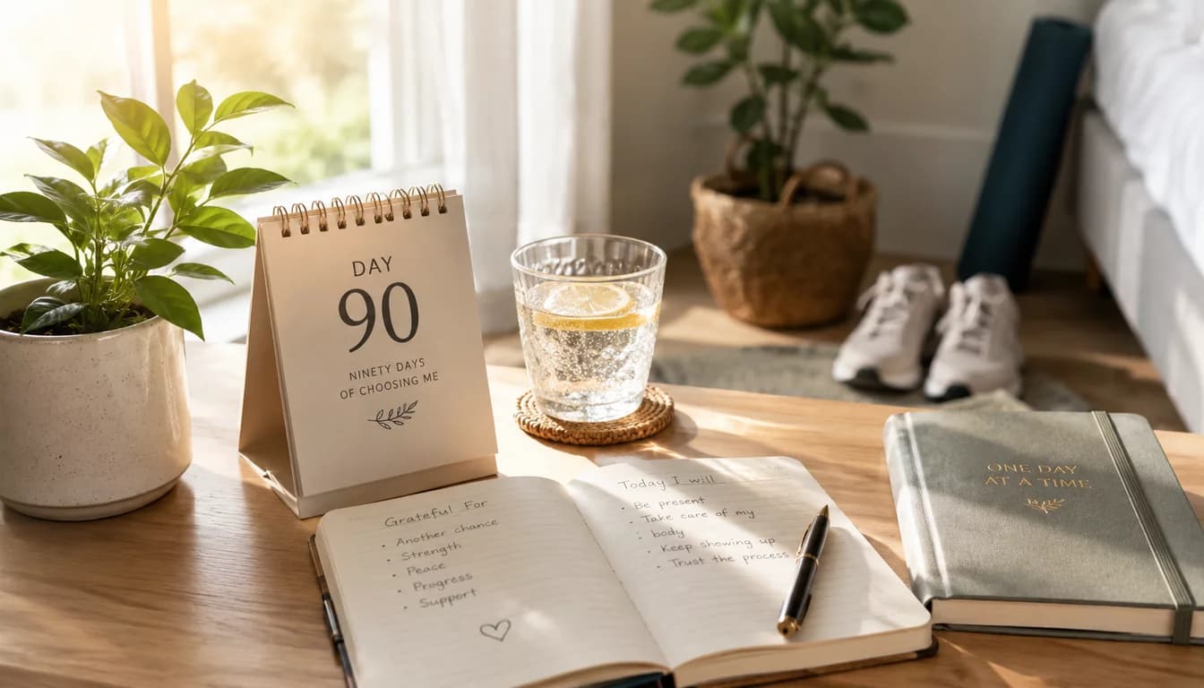 Rumpled bed beside a nightstand holding a sobriety coin and 90-day flip counter at dawn.