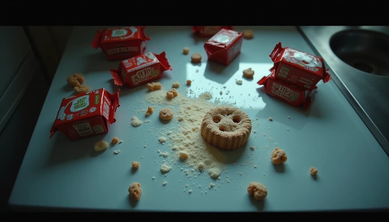 Scattered candy wrappers, dessert boxes, and spilled sugar across a kitchen counter, overhead view.