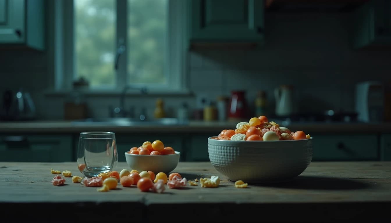 Cluttered kitchen counter with overflowing candy bowl, scattered sweets and wrappers, empty glass, bottle.