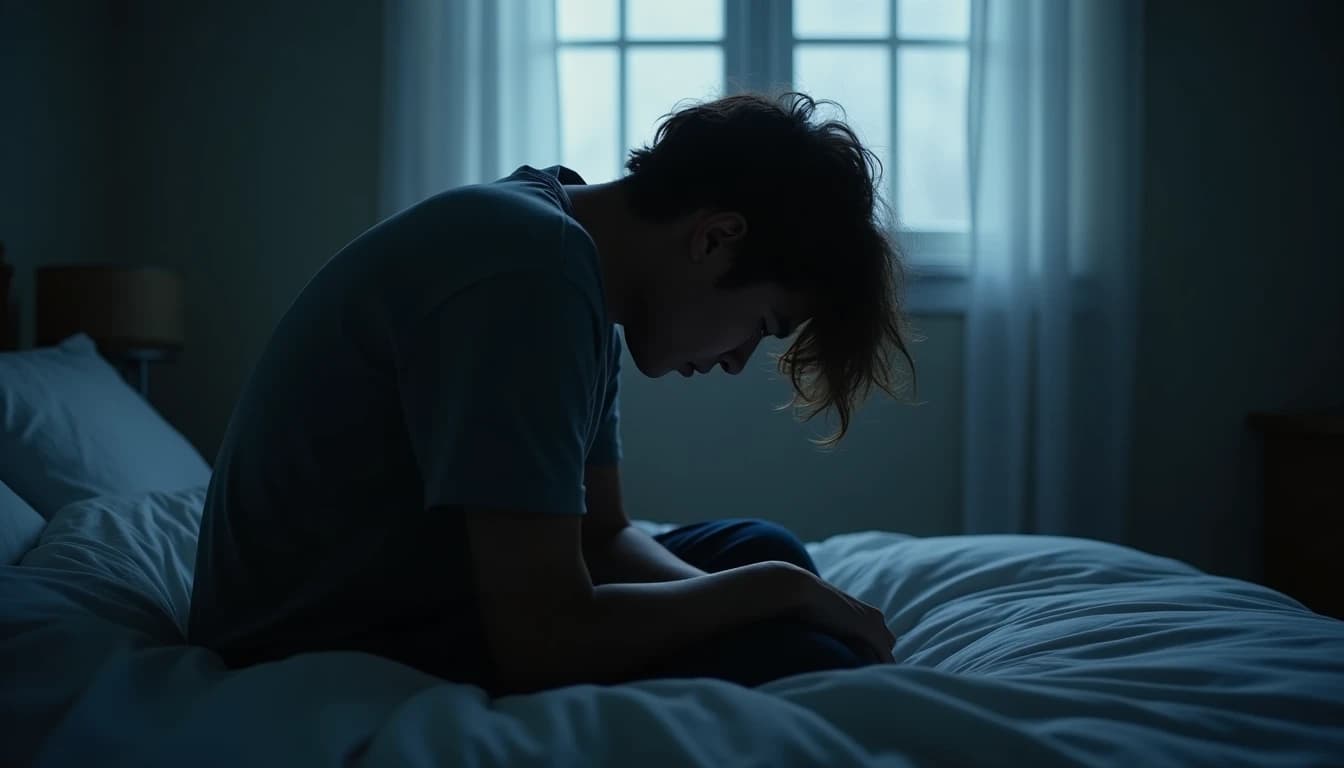 Person in bedroom profile, head bowed in shadow, worn casual clothing, soft diffuse light.