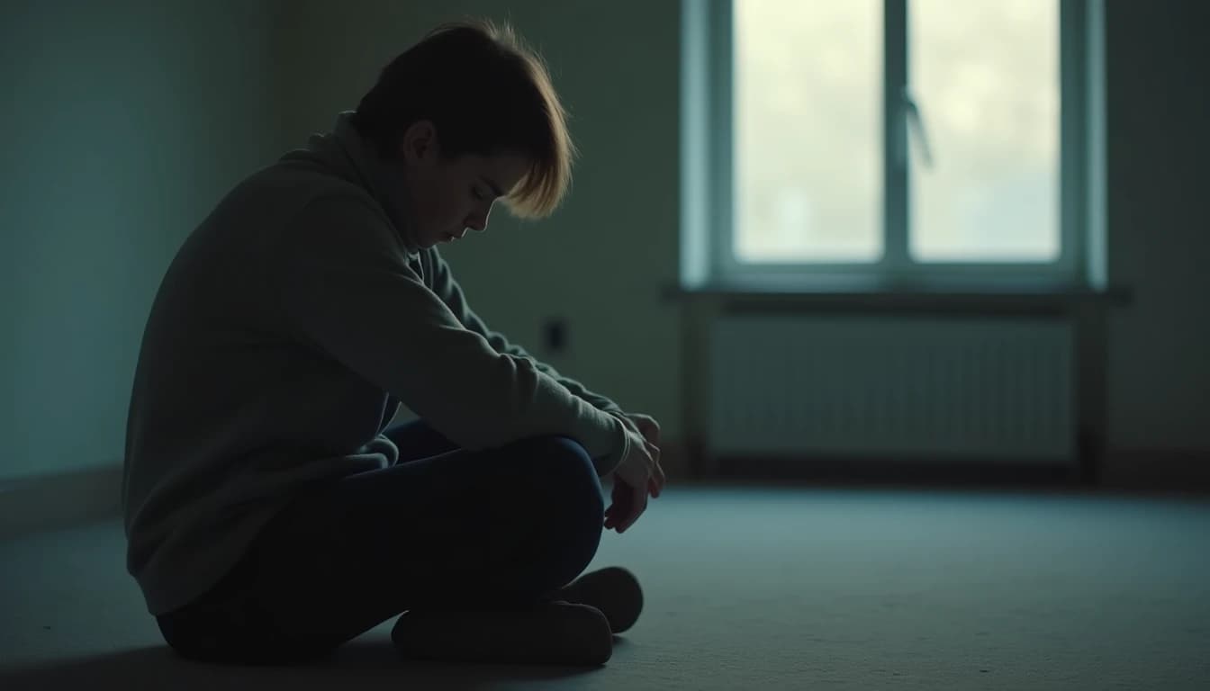 Seated alone in sparse gray room, face averted, features softly shadowed in diffused morning light.