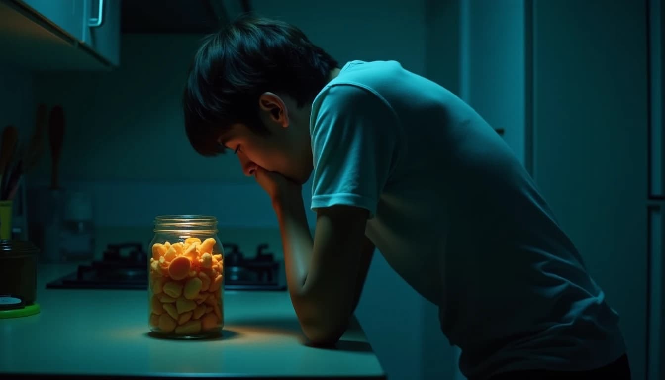 Hunched figure at kitchen counter leaning forward toward jar in cool blue shadows.