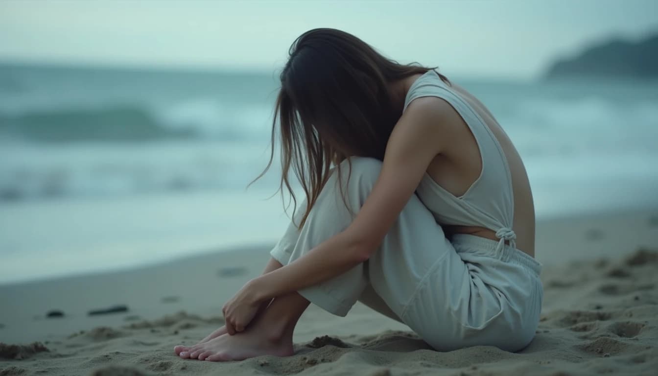 Seated figure on rough sand, head bowed with long hair falling, soft ocean waves behind.