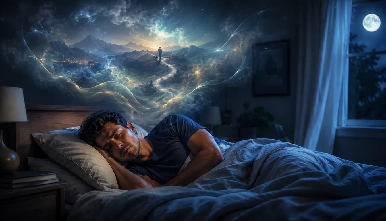Rumpled bed with twisted sheets lit by dim blue-gray light, digital clock glowing 4:17.