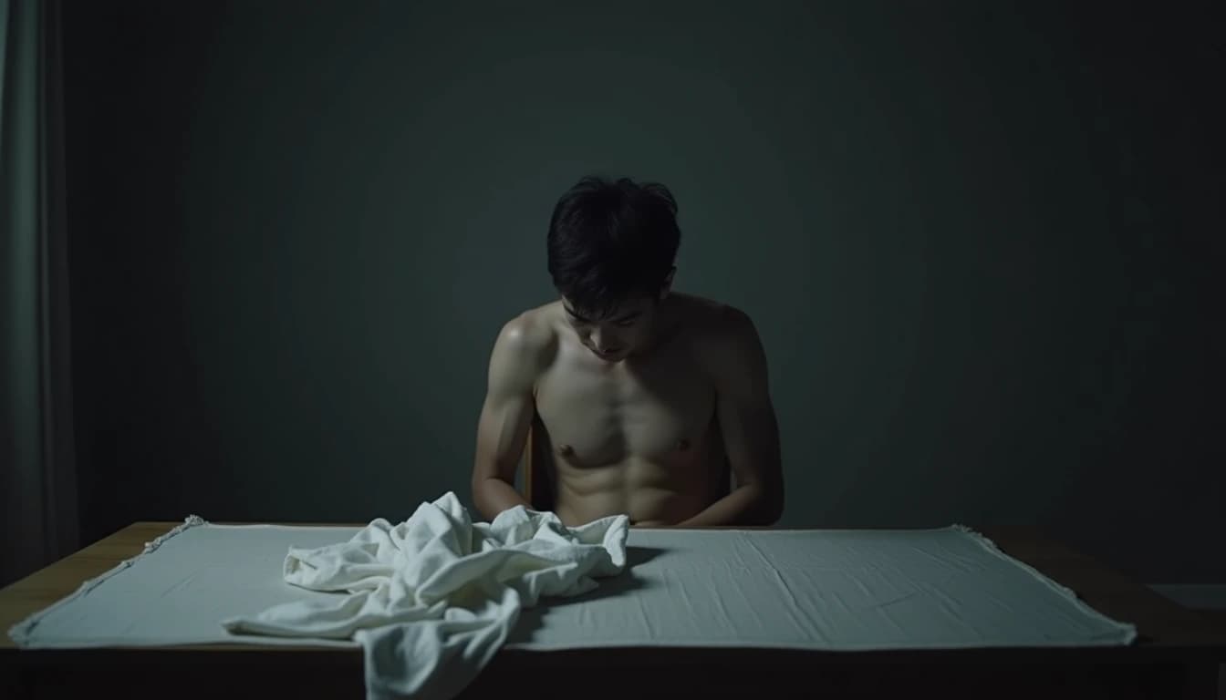 Adult figure hunched at bare wooden table with crumpled white sheet in darkened room.