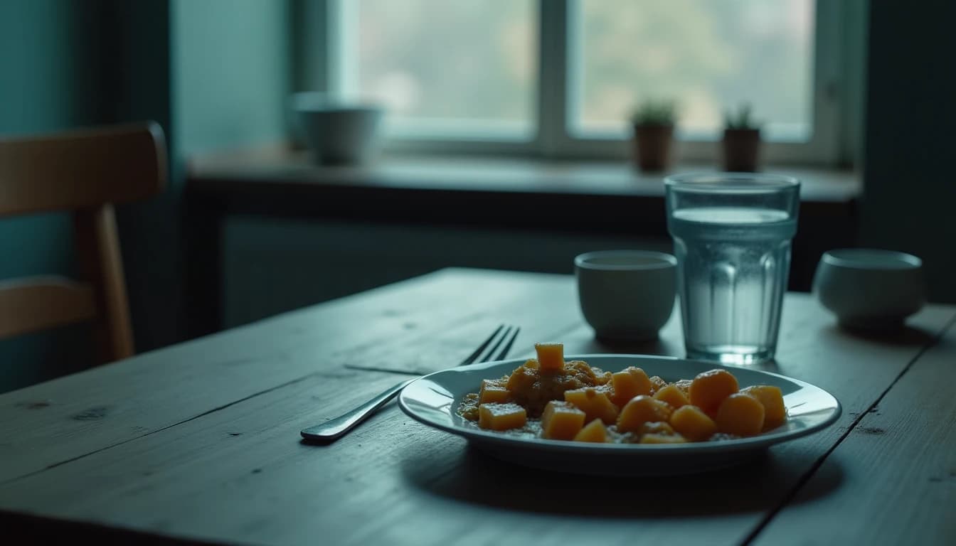 Kitchen table with partially eaten plate, fork, and water glass in cool desaturated gray-blue tones.