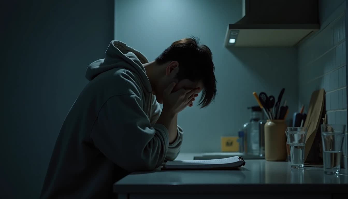 Adult in worn hoodie at kitchen counter, head bowed, shoulders hunched, conveying exhaustion and struggle.